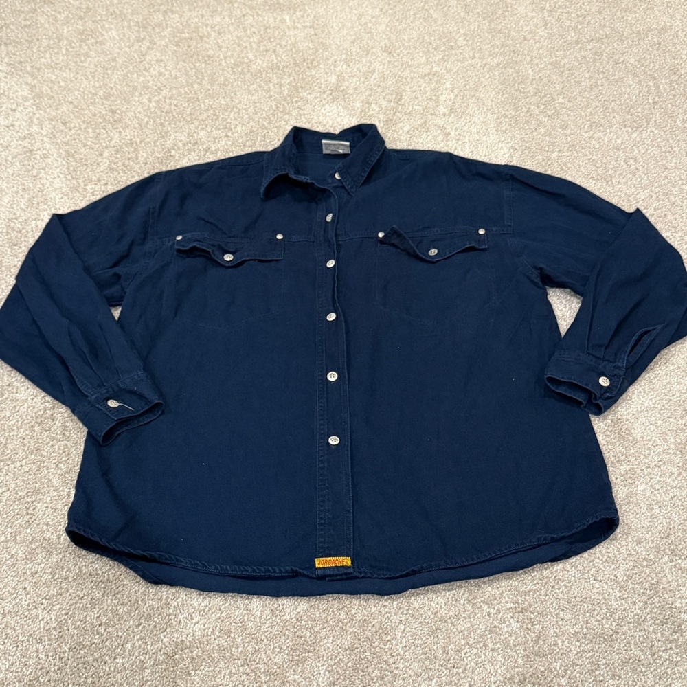 Vintage Jordache Denim Cotton Button Up Long Sleeved Shirt Navy Blue Size L